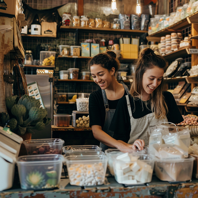 dos mujeres trabajando en una tienda con un letrero que dice no toques 1
